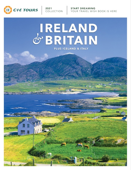A brochure titled Ireland and Britain showing a picture of a green valley