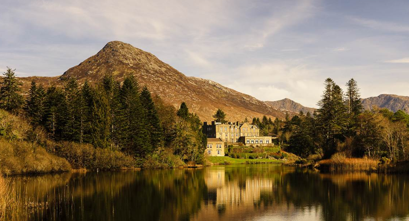 Ballynahinch Castle, set against the mountains of Connemara