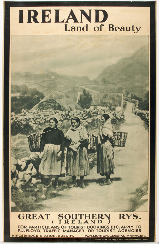 Poster with black and white photograph of three women in a rural Irish scene
