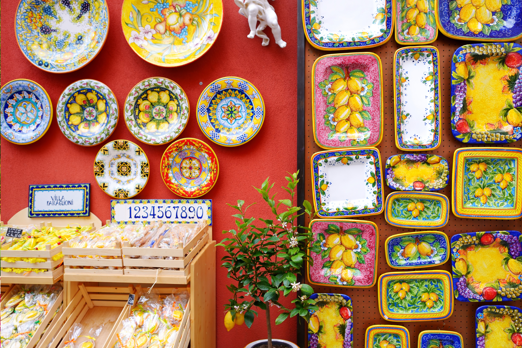 Colorful pottery on a wall