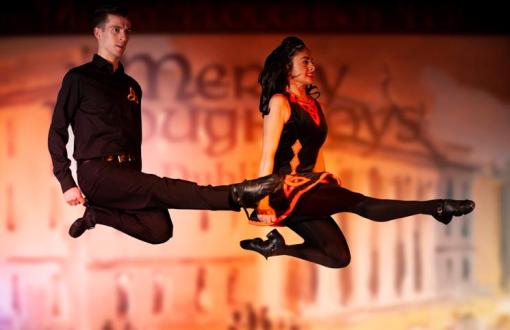 Sophie and a Traditional Irish Dancer performing at the Merry Ploughboy Pub